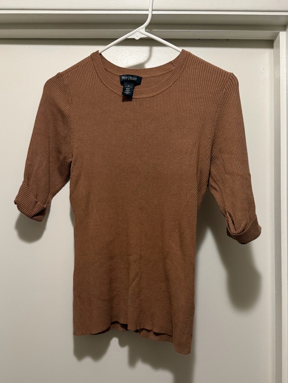 White House Black Market Ribbed Crewneck Top in Warm Caramel
